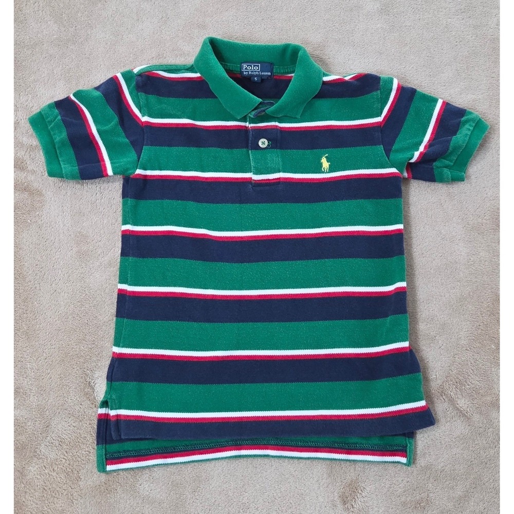 Vintage Polo Ralph Lauren Rugby Shirt Boys 5 Green‎ Striped Short Sleeve Mesh